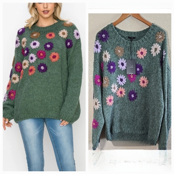 Sweaters - Joh Savita Floral Crochet Knit Sweater - Green